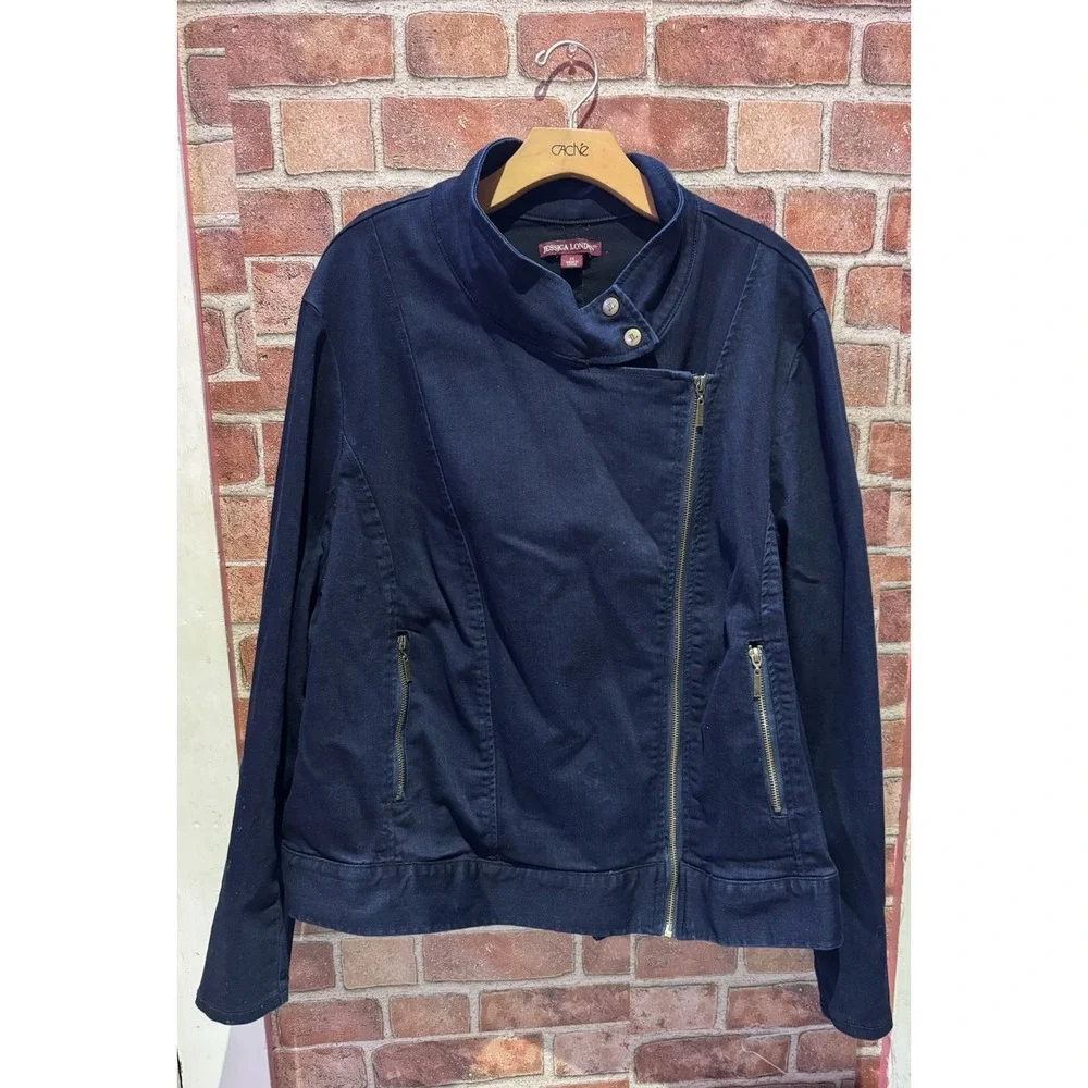 Jessica London Classic‎ Cotton Denim Jacket Women's PlusSize 24 Navy Blue W/ Zip